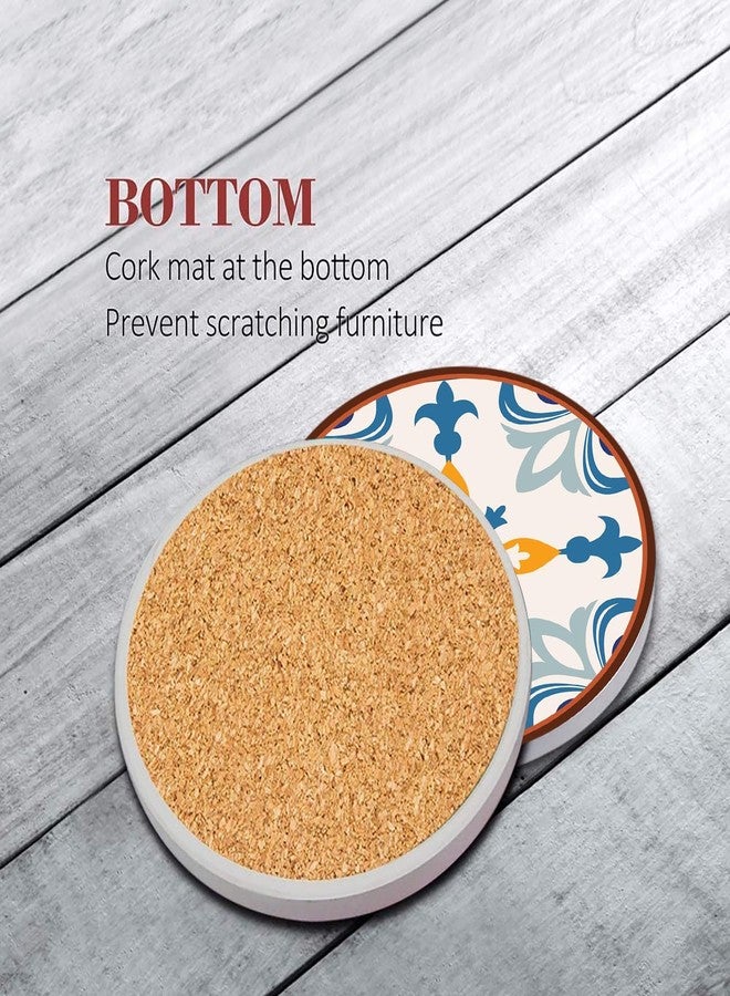 Bribay Coaster for Drinks Set of 6, Colorful Ceramic Talavera Flower Vintage Absorbent Round Ceramic Stone Mat, with Cork Base and Metal Holder, Gift for Housewarming Room Bar Decor - Image 2